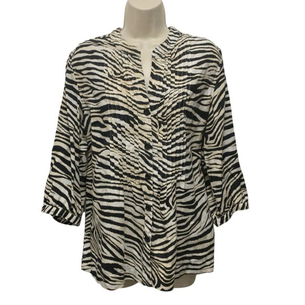 Jones New York Sport Linen Zebra Print Tunic Top Womens L 3/4 Sleeve